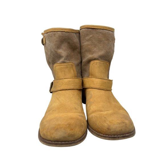 Anthro Lockeed Round Toe Buckle Boots Womens 39 Tan Leather Block Heel Boho Moto - Picture 2 of 9